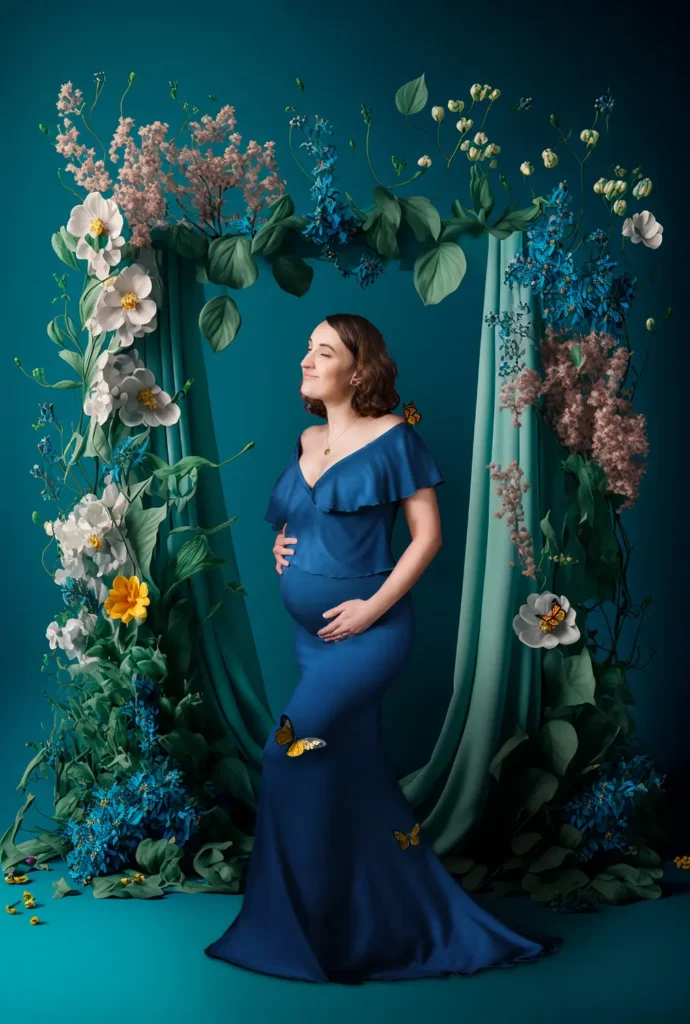 Femme enceinte dans un longue robe, qui tient son ventre sous une arche fleurit