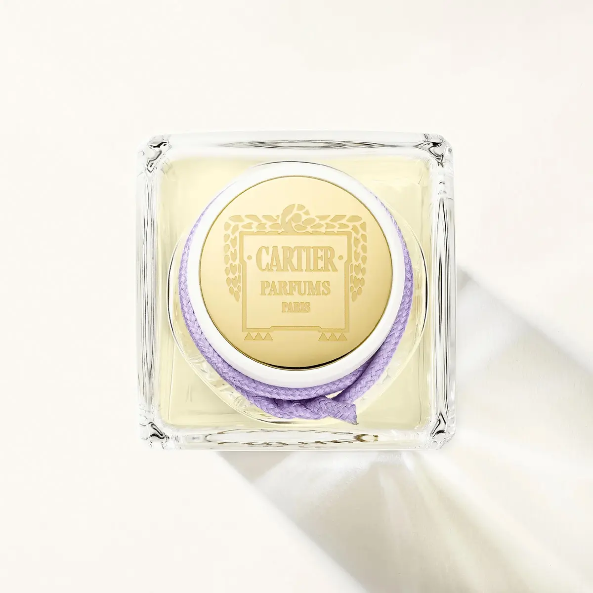 Packshot produit de flacon de parfum vu de dessus sur fond blanc avec ombre portée.