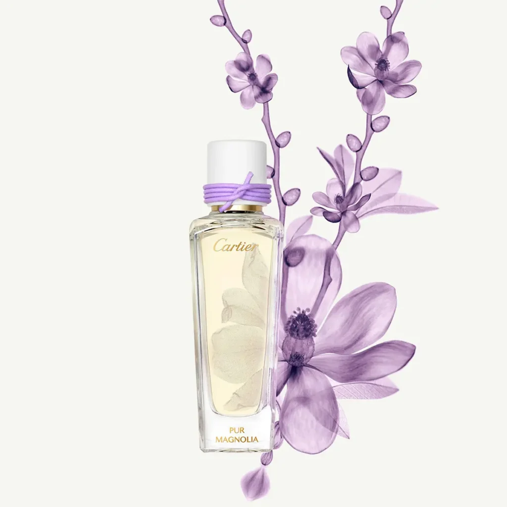 Flacon de parfum sur fond fleurit